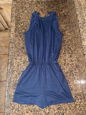 MEROKEETY Halter Neck Elastic Waist Romper with Pockets Navy Blue Size S